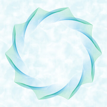 Abstract spiral graph frame with blue green lines over pale blue