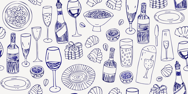 Seamless pattern of sketched food drinks and festive elements