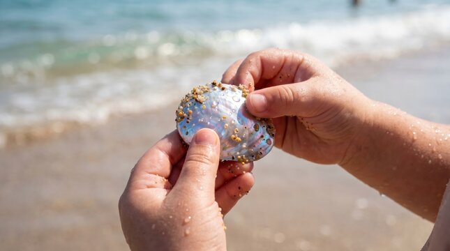 A child examines an abalone shell (Haliotis rufescens) with sand while standing at the beach, surrounded by water and sunlight.