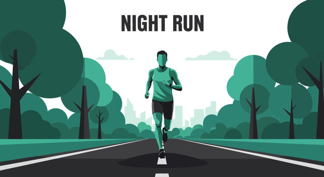 Night Runner Exercising on Road with Trees and the Urban Landscape Silhouette