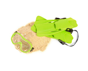 New swimming mask, heap of sand and flippers on white background © Pixel-Shot