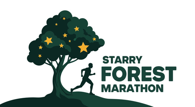 Nighttime Forest Marathon, Runner Silhouette with Starry Tree Logo Design Illustration