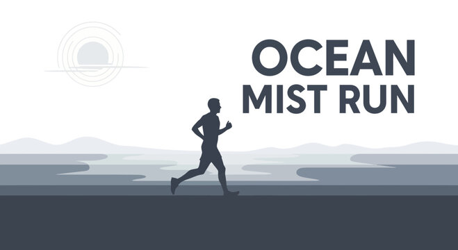 Ocean Mist Run: A Serene Silhouette of a Runner Against a Coastal Scene