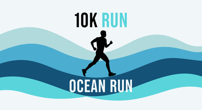 Ocean Run Silhouette Depicting Ten Kilometers Challenge and Aquatic Wave Design