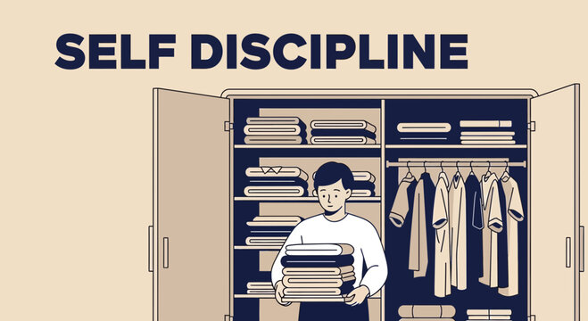 Organized Wardrobe Reflects Self-Discipline in Action with Man Holding Clothes After Fold
