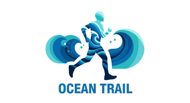 Ocean Trail Running Logo Depicting A Silhouette Runner With An Integrated Wave Design