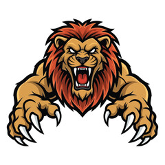 Fierce Lion Mascot Ready to Pounce with Sharp Claws and Open Roaring Mouth Illustration © Manifesti