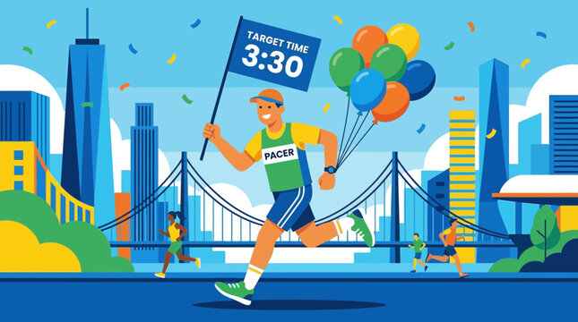 Marathon Pacer Running with Balloons and Flag Amidst City Skyline Illustration