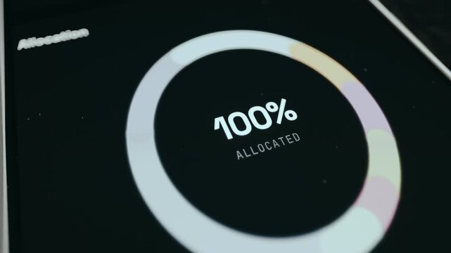 Financial dashboard ring indicating 100 percent asset allocation