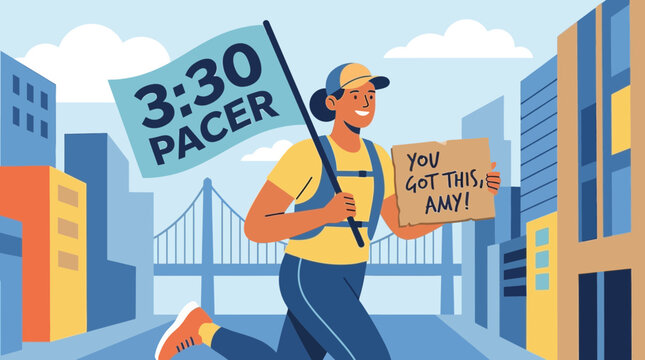 Marathon Runner Inspired Illustration, Supportive Pacer Cheering On A City Race Participant
