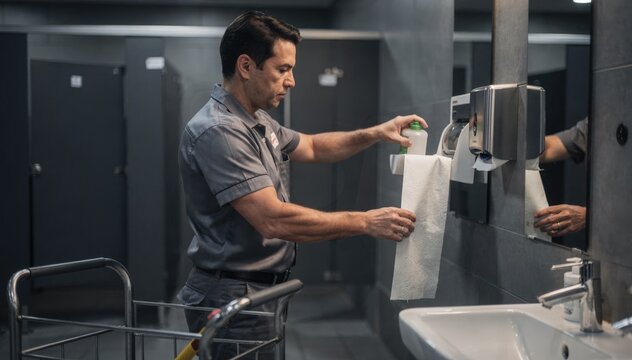 Theater janitor replenishing soap dispensers and paper towels postshow detailed cleaning procedures in focus with restrooms dimly blurred after closing.