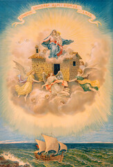Fototapeta premium VERCELLI, ITALY - JANUARY 16, 2026: The old print Angels carry the Nazareth house of the Holy Family (Loretto House) in the church Cattedrale di San Eusebio by unknown artist from and of 19. cent.