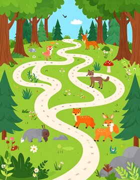 A whimsical cartoon scene of a winding path through a forest, with various foxes and animals along the way