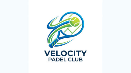 Fototapeta premium Velocity Padel Club Logo Depicting Tennis Racket Hitting a Tennis Ball, Sports Emblem