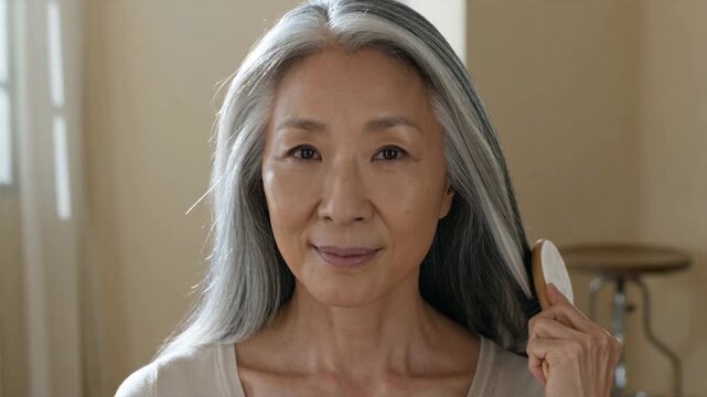 Graceful Asian Woman Brushing Her Long Silver Hair, Embracing Natural Beauty and Authentic Aging