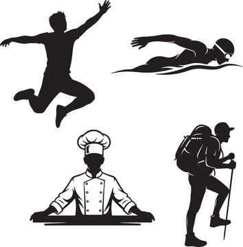 Professional people silhouette set, active lifestyle icons including chef, swimmer, hiker, and jumping man, black vector character collection