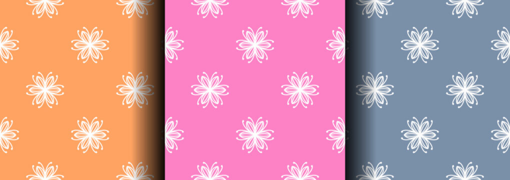 Set of seamless mandala vector patterns in three color variations, decorative ethnic ornament backgrounds, hand drawn circular floral geometry, repeating tile design, abstract luxury textile print