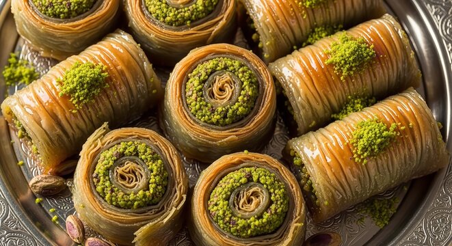 Baklava rolls with pistachios on a silver platter