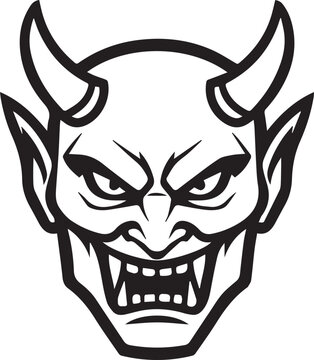 A stark black and white illustration of a fierce devil head with menacing eyes, sharp teeth and horns.