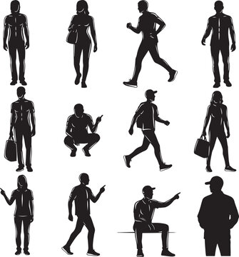 Black silhouette people set, diverse collection of 12 walking and sitting human figures, minimalist vector silhouettes for architectural rendering
