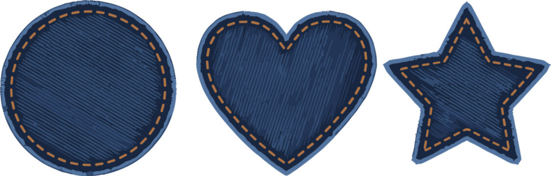Cartoon vector illustration of denim patches showing stitched circle heart and star design variation