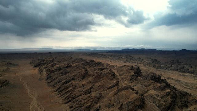 Aerial View Of Syncline Rock Layers In Gobi Desert, Noyon Uul, Mongolia