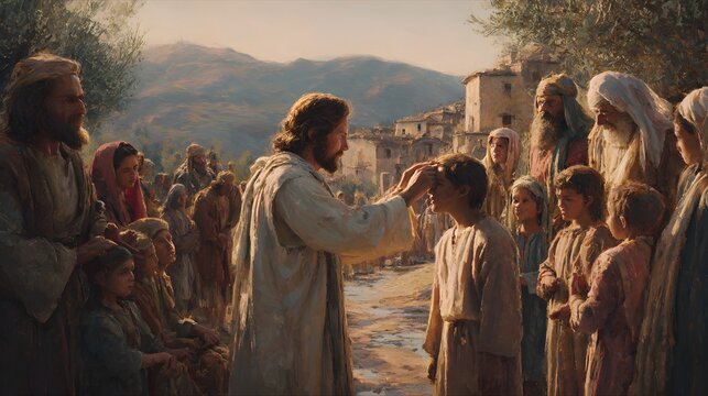 prompt Jesus healed and restored sight to the blind while the healed man slowly opens his eyes surrounded by a semicircle of stunned witnesses including children, elders, and disciples observing the m