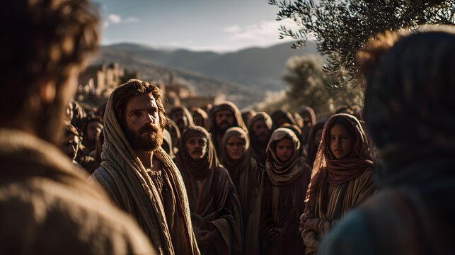 prompt Jesus healed and restored sight to the blind while the healed man slowly opens his eyes surrounded by a semicircle of stunned witnesses including children, elders, and disciples observing the m
