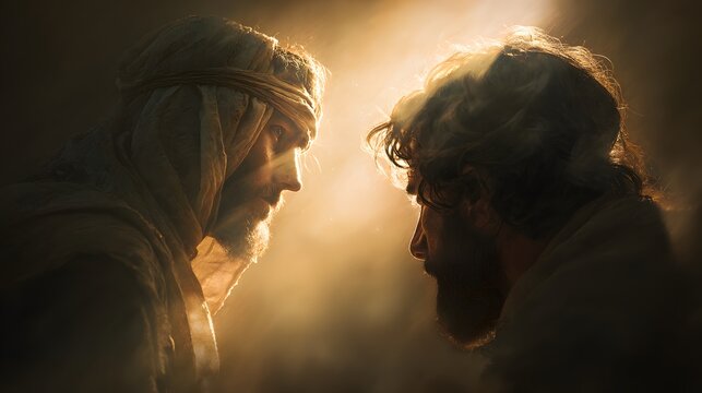 prompt Jesus healed and restored sight to the blind while the healed man gazes toward Jesus within a gentle aura of glowing light surrounding both figures, the environment abstract and uncluttered rep