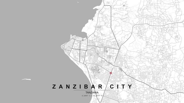 White and grey map of Zanzibar City, Tanzania, accented by a red pin that marks a selected destination in the coastal island urban area.