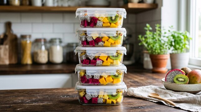 Perfectly organized tall stack of clear glass meal prep containers filled with vibrant diced exotic tropical fruits sits on a dark counter.
