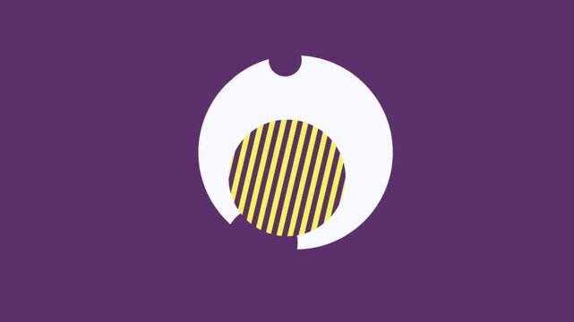 Yellow and black striped circle rotating on white segmented circle over dark purple background modern abstract motion graphic 4K seamless loop video background