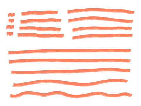 手描きラインセット オレンジの直線・波線装飾パーツ シンプルで使いやすい透過デザイン素材 / Hand drawn line set orange straight and wavy decorative lines isolated simple design elements

