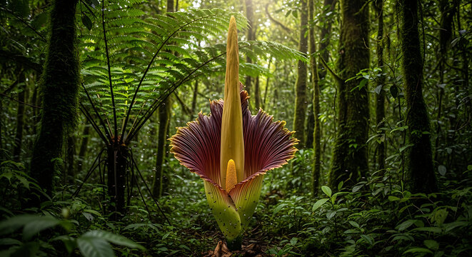 Magnificent and rare giant corpse flower, *Amorphophallus titanum*, blooming in a lush, exotic tropical rainforest, a captivating botanical marvel thriving amidst the vibrant jungle flora