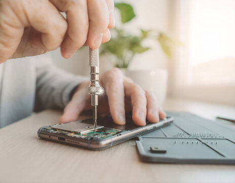 Hand Fixing Smartphone Circuit Board at Home for Sustainability