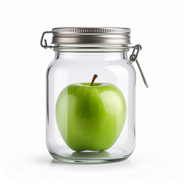Manzana verde dentro de un tarro de cristal en composici&oacute;n minimalista sobre fondo blanco concepto de  control, tentaci&oacute;n contenida, naturaleza, restricci&oacute;n nutrici&oacute;n y dieta