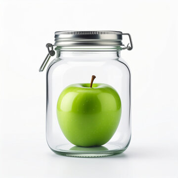 Manzana verde dentro de un tarro de cristal en composici&oacute;n minimalista sobre fondo blanco concepto de  control, tentaci&oacute;n contenida, naturaleza, restricci&oacute;n nutrici&oacute;n y dieta