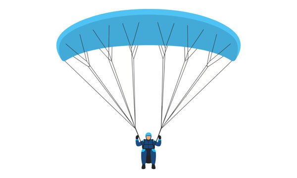 Paraglider flying with blue parachute isolated on white background