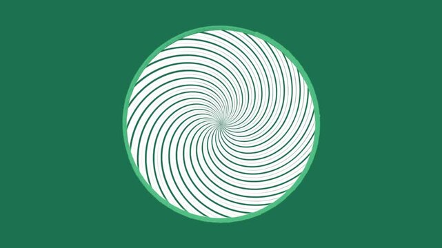 Abstract hypnotic swirl spiral black white striped circle rotating center focus points green screen background optical illusion seamless loop 4K animation chroma key video