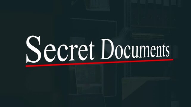 Secret Documents Title Animation with Red Underline on Dark Archive Background