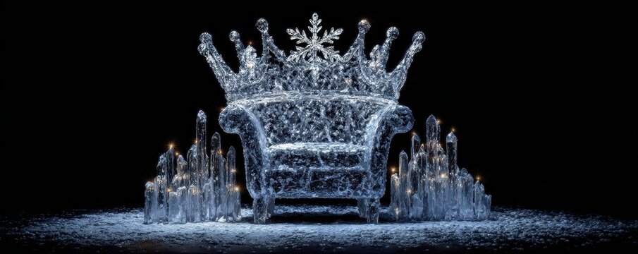 Majestic frozen ice throne with ornate crown detail surrounded by glowing crystal pillars