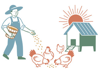 Minimalist vector illustration of a farmer feeding chickens near a coop at sunrise. Modern line art style in earthy tones of terracotta, sage green, and slate blue for organic farming themes. © Анастасія Маленко