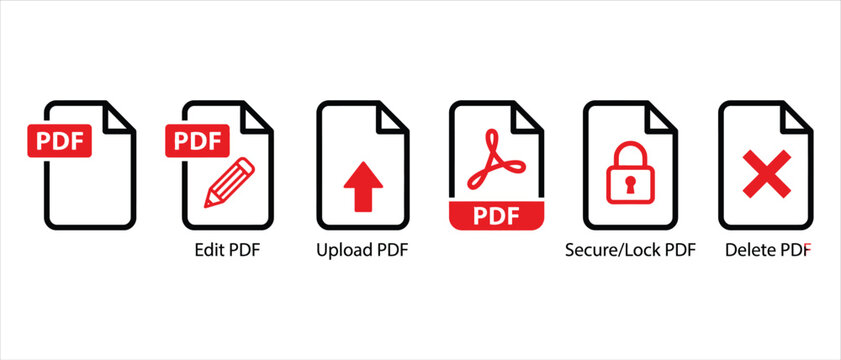 Minimalist PDF document icon set, red and black file management symbols, 6 vector elements for editing uploading and securing digital files