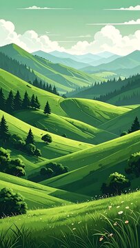 A vibrant illustration depicts lush rolling hills in varying shades of green, under a soft cloudy sky. Distant mountains complete the scenic vista