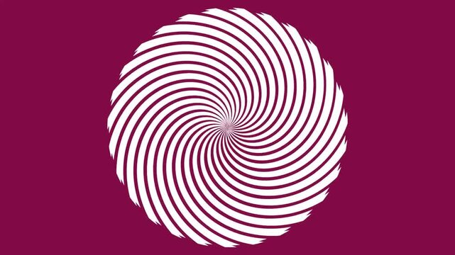 Abstract hypnotic swirl spiral white striped circle rotating center focus points dark pink background optical illusion seamless loop 4K animation dynamic geometric video