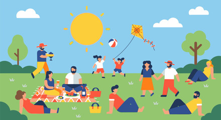 Obraz premium People enjoy a lively outdoor picnic with kite flying in a sunny park