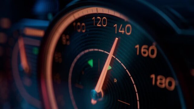 3D animation: Close-up Shot of Analogue Gauge Cluster of a Vintage Sports Car. Orange Analogue Speedometer Showing Quick Acceleration of a Vehicle. Concept: Speed, Acceleration Performance and Power.