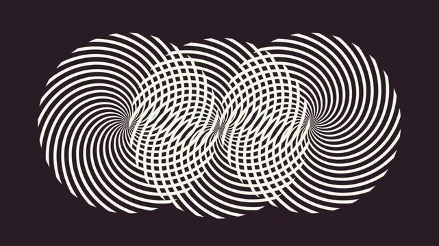 Abstract three hypnotic swirl spiral white striped circles spinning center focus points dark background optical illusion seamless loop 4K animation dynamic geometric video