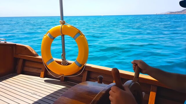 Hands steering a wooden boat helm on the open blue sea. A yellow lifebuoy hangs on the deck under bright sunlight. Nautical leadership concept, ideal for maritime travel and yachting marketing.