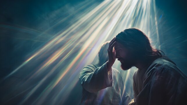 prompt Jesus healed and restored sight to the blind as radiant light bursts softly from the moment Jesus touches the man&rsquo;s eyes, the environment minimal and symbolic with faint abstract shapes suggest